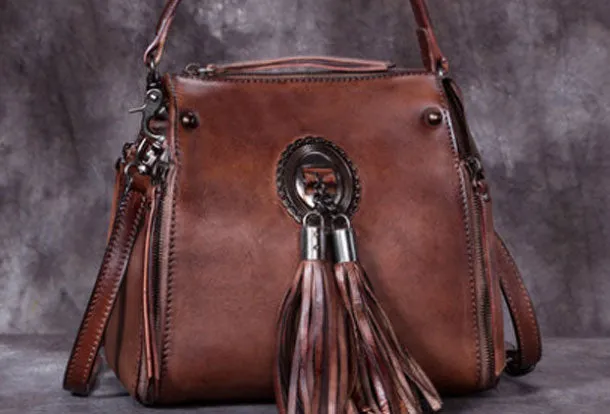 Womens Leather Handbag Vintage Tassel Crossbody Bag Shoulder Bag Purse For Women