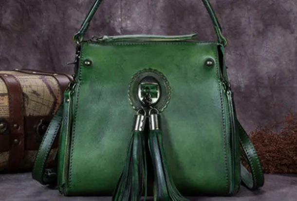 Womens Leather Handbag Vintage Tassel Crossbody Bag Shoulder Bag Purse For Women