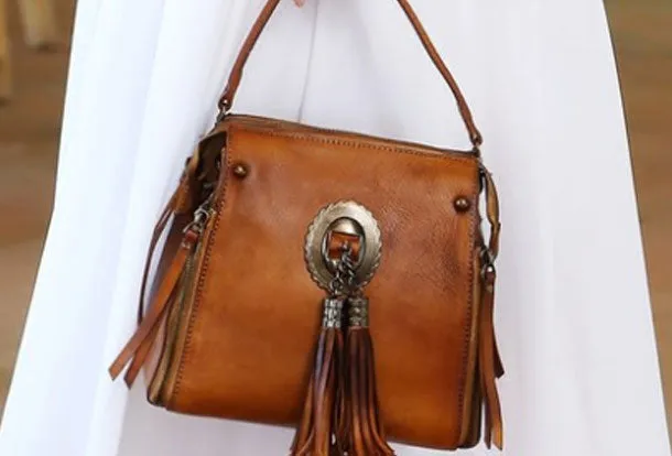 Womens Leather Handbag Vintage Tassel Crossbody Bag Shoulder Bag Purse For Women
