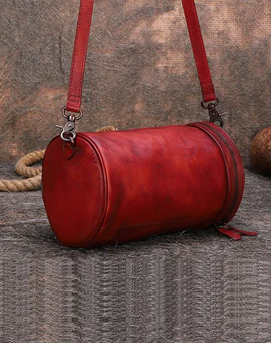 Womens Red Leather Barrel Shoulder Bag Purse Vintage Round Handbag Bucket Crossbody Purse for Women