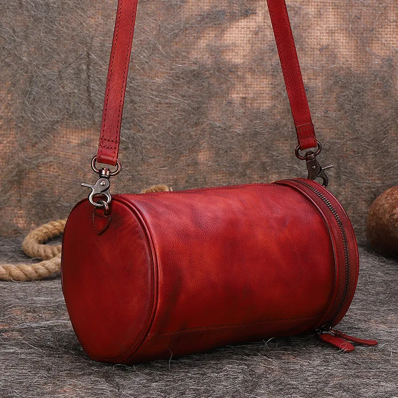 Womens Red Leather Barrel Shoulder Bag Purse Vintage Round Handbag Bucket Crossbody Purse for Women