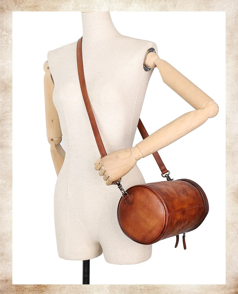Womens Red Leather Barrel Shoulder Bag Purse Vintage Round Handbag Bucket Crossbody Purse for Women