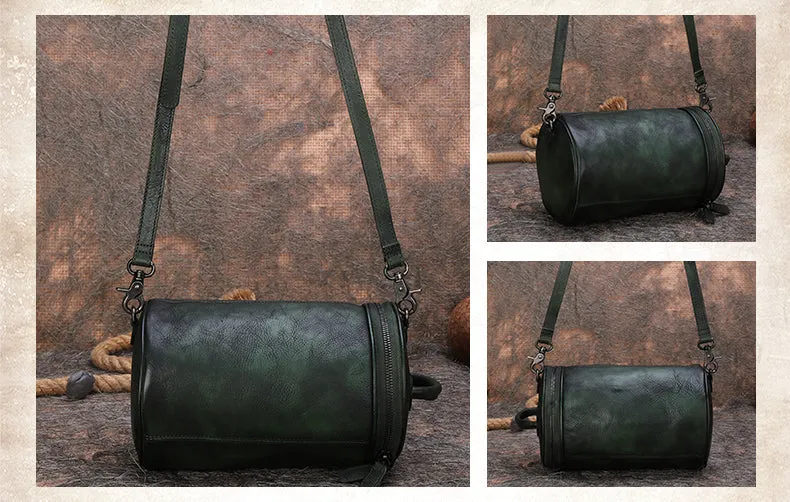Womens Red Leather Barrel Shoulder Bag Purse Vintage Round Handbag Bucket Crossbody Purse for Women