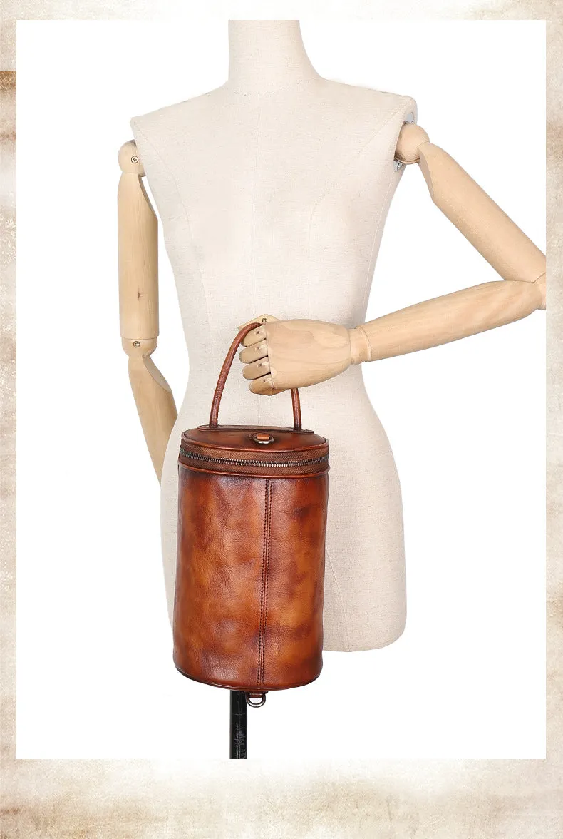 Womens Red Leather Barrel Shoulder Bag Purse Vintage Round Handbag Bucket Crossbody Purse for Women