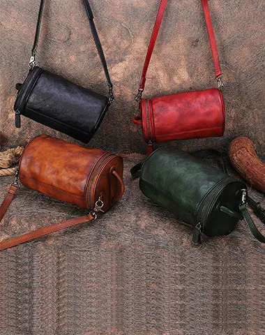 Womens Red Leather Barrel Shoulder Bag Purse Vintage Round Handbag Bucket Crossbody Purse for Women