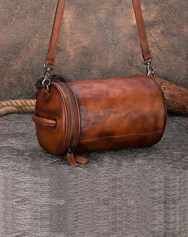 Womens Red Leather Barrel Shoulder Bag Purse Vintage Round Handbag Bucket Crossbody Purse for Women