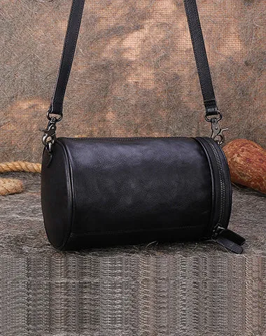 Womens Red Leather Barrel Shoulder Bag Purse Vintage Round Handbag Bucket Crossbody Purse for Women