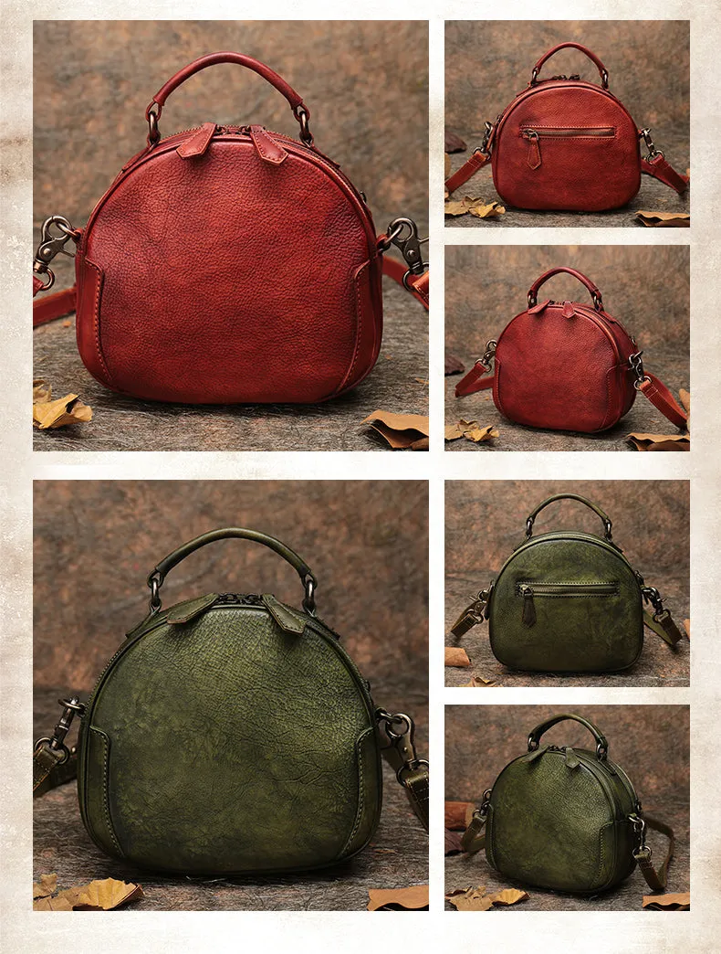 Womens Red Leather Round Handbag Purses Vintage Handmade Round Shoulder Bag Crossbody Handbag for Women