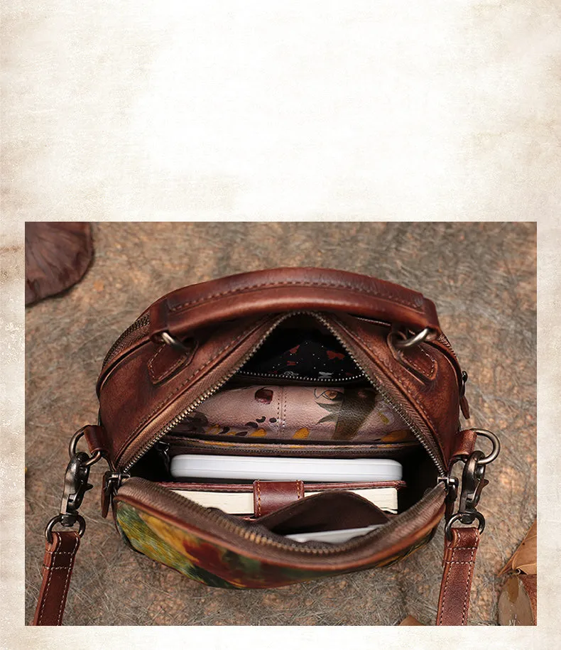Womens Red Leather Round Handbag Purses Vintage Handmade Round Shoulder Bag Crossbody Handbag for Women