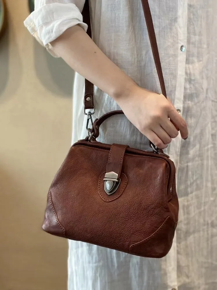 Womens Tan Leather Doctor Handbag Purse Vintage Handmade Doctor Shoulder Bag for Women
